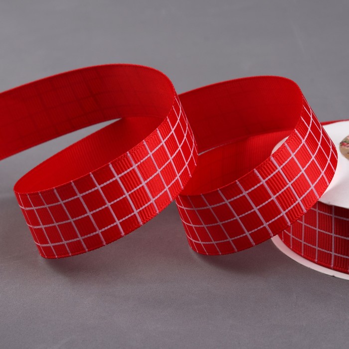 Лента репсовая "Клетка", 25мм, 22±1м, цвет красный