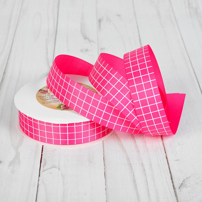 Лента репсовая "Клетка", 25мм, 22±1м, цвет малиновый