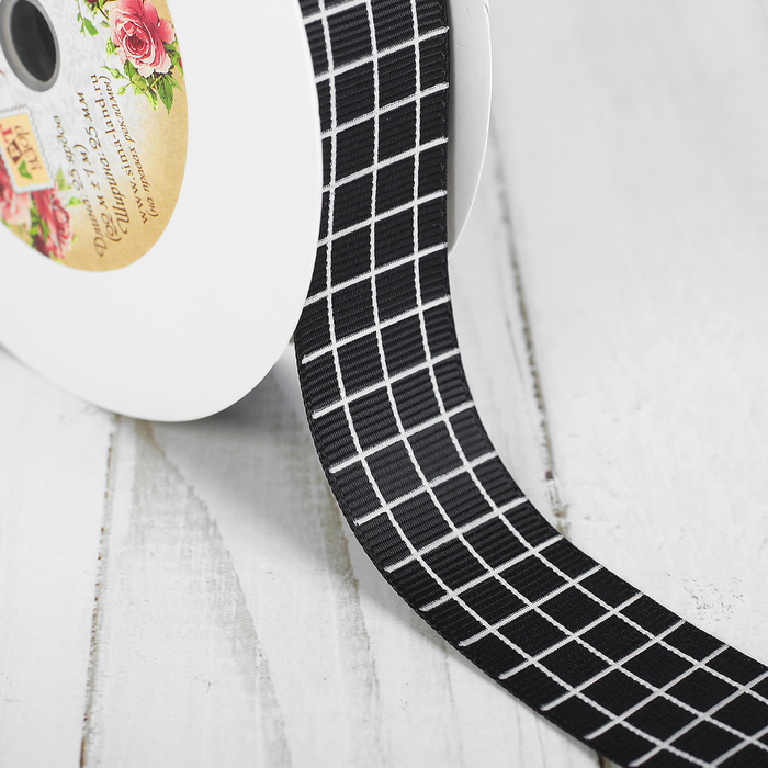 Лента репсовая "Клетка", 25мм, 22±1м, цвет чёрный