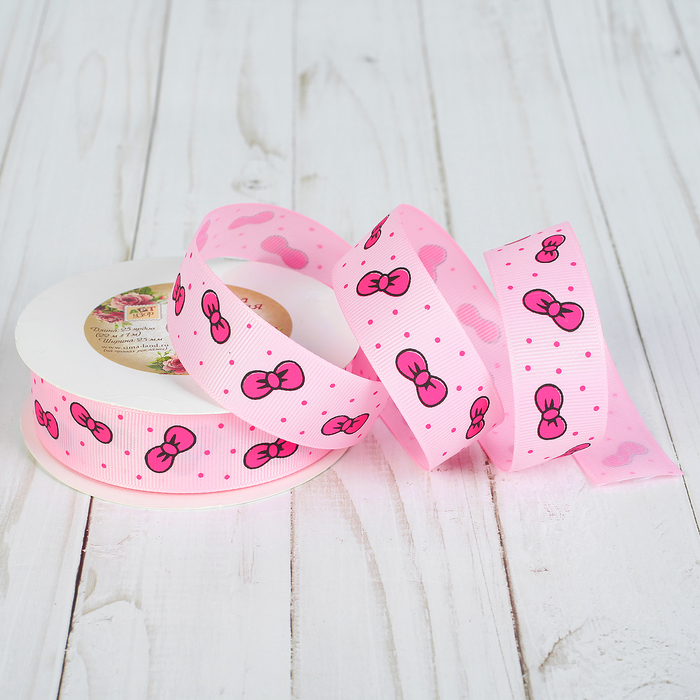 Лента репсовая "Бантики", 25мм, 22±1м, цвет розовый