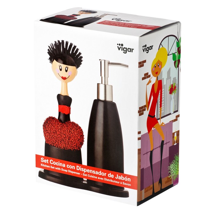 Щетка для посуды + губка + дозатор на подставке DOLLS