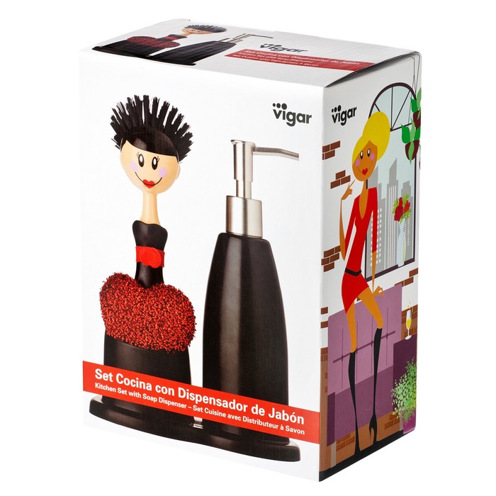 Щетка для посуды + губка + дозатор на подставке DOLLS