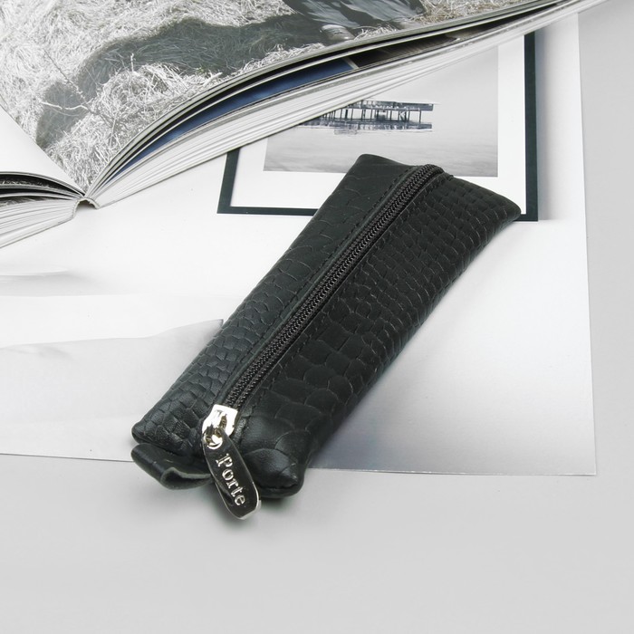 Ключница на молнии, кольцо внутри, питон, цвет чёрный