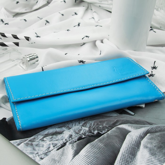 Кошелёк женский, 3 отдела, для карт, для монет, анилин голубой