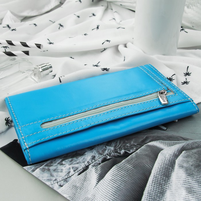 Кошелёк женский, 3 отдела, для карт, для монет, анилин голубой