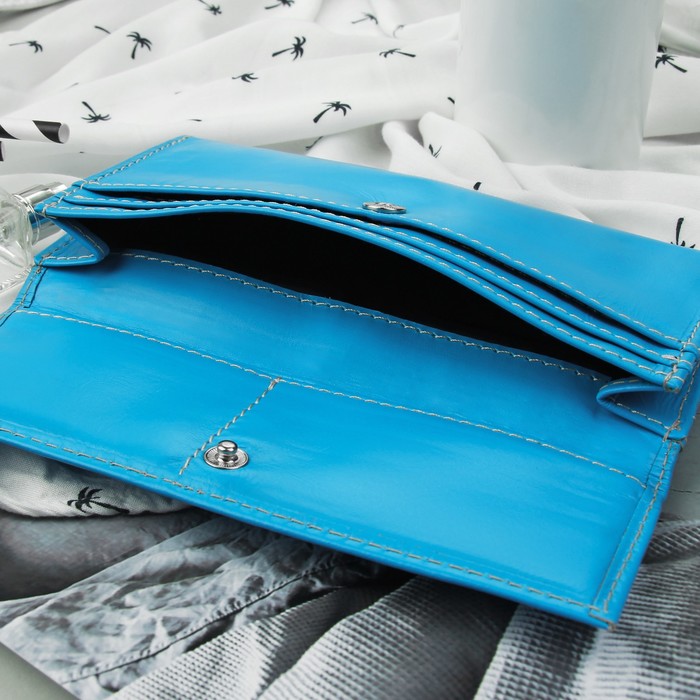 Кошелёк женский, 3 отдела, для карт, для монет, анилин голубой