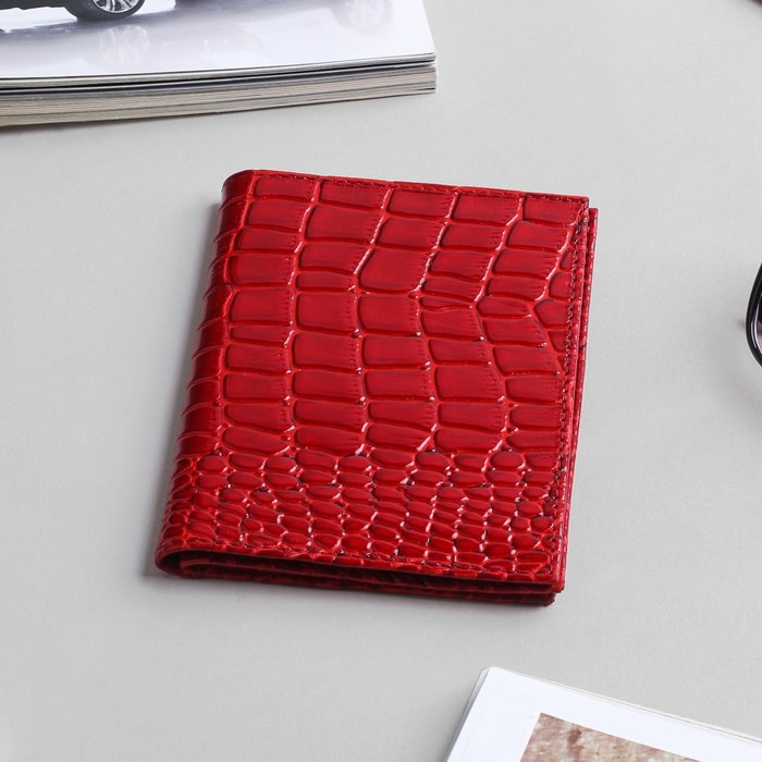 Обложка для автодокументов и паспорта, крокодил, цвет тёмно-красный