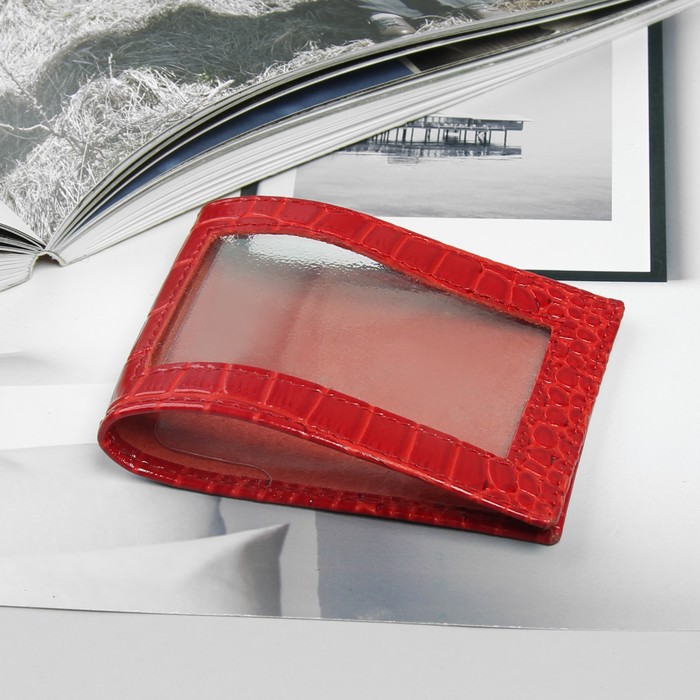 Обложка для документов, окно из прозрачного пластика, крокодил, цвет красный