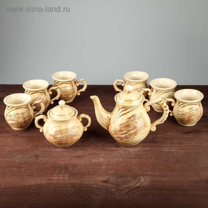фото Чайный набор "арго", под шамот, 8 предметов: чайник 1 л, сахарница 0.4 л, чашки 0.3 л керамика ручной работы