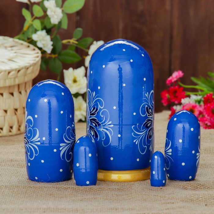 Матрёшка «Гжель» голубой платок, 5 кукольная, полхово-майданская роспись, 17 см