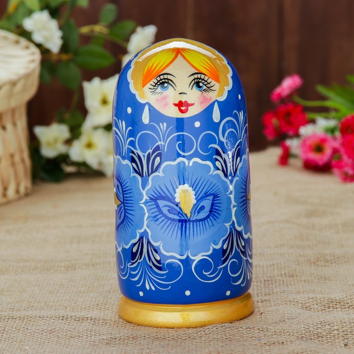 Матрёшка «Гжель» голубой платок, 5 кукольная, полхово-майданская роспись, 17 см