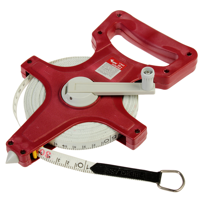 Рулетка землемерная "КУРС", фибергласовая лента, 30 м, красный открытый корпус
