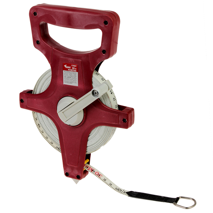 Рулетка землемерная "КУРС", фибергласовая лента, 30 м, красный открытый корпус