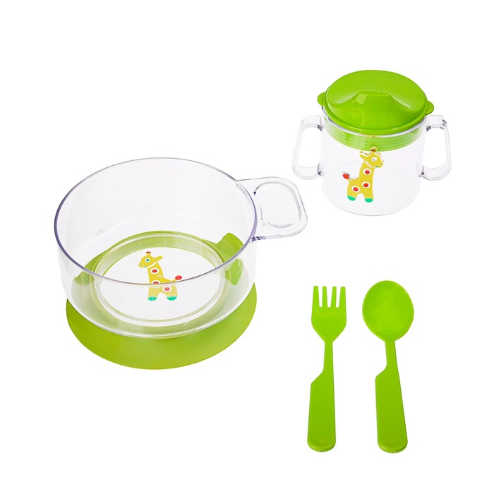 Набор детской посуды, 4 предмета: кружка-поильник «Жираф» 180 мл, миска с ручкой на присоске 400 мл, ложка, вилка, цвет салатовый
