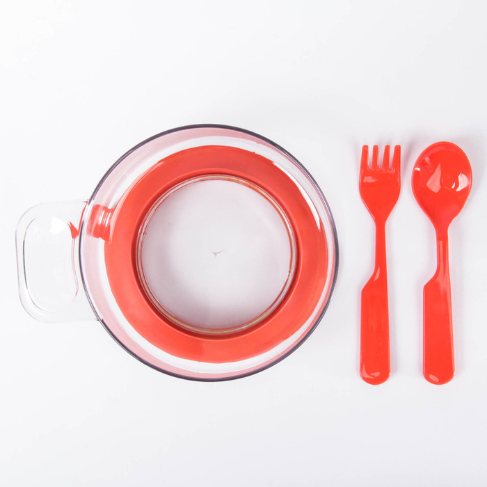 Набор детской посуды, 4 предмета: кружка-поильник «Жираф» 180 мл, миска с ручкой на присоске 400 мл, ложка, вилка, цвет красный
