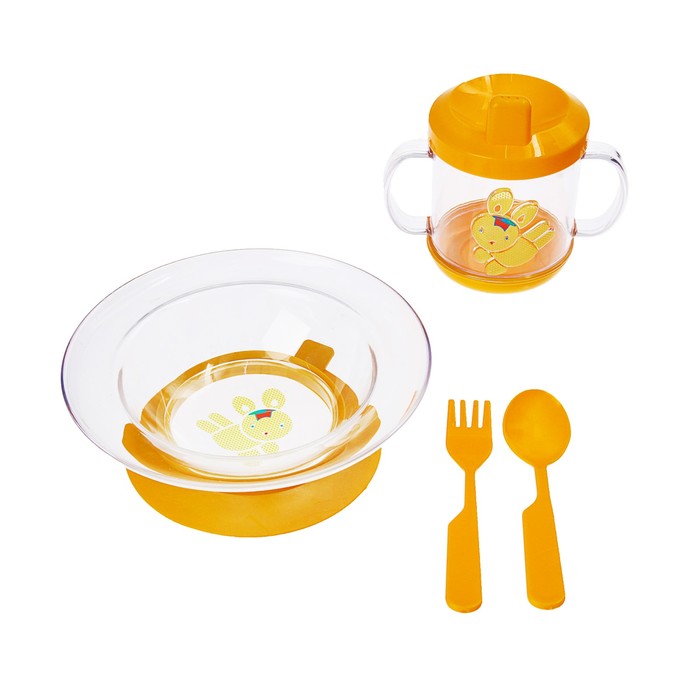 Набор детской посуды, 4 предмета: кружка-поильник с фигуркой 225 мл, тарелка на присоске 280 мл, ложка, вилка, цвет жёлтый