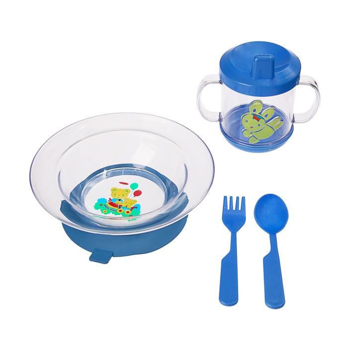 Набор детской посуды, 4 предмета: кружка-поильник с фигуркой 225 мл, тарелка на присоске 280 мл, ложка, вилка, цвет синий