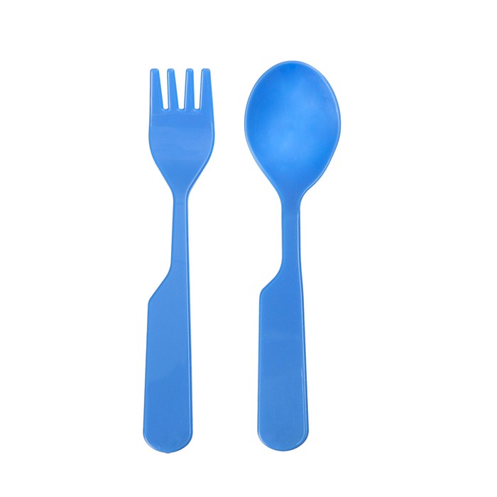 Набор детской посуды, 4 предмета: кружка-поильник с фигуркой 225 мл, тарелка на присоске 280 мл, ложка, вилка, цвет синий