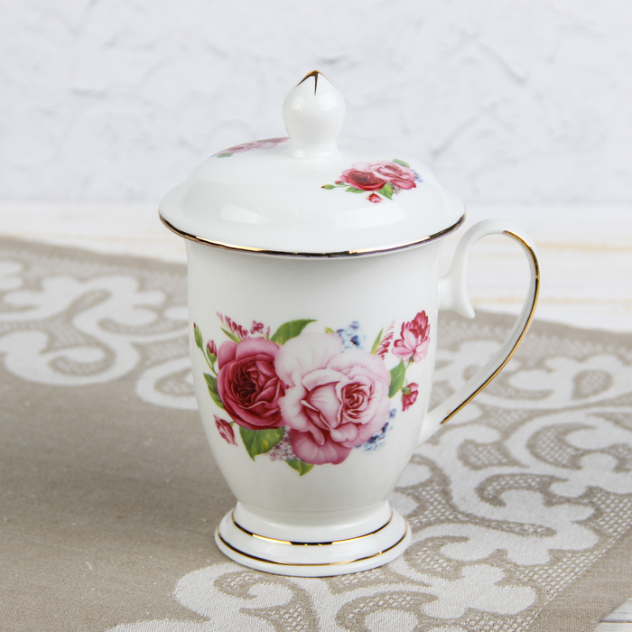 Кружка 250 мл "Розовая роза", с керамической крышкой