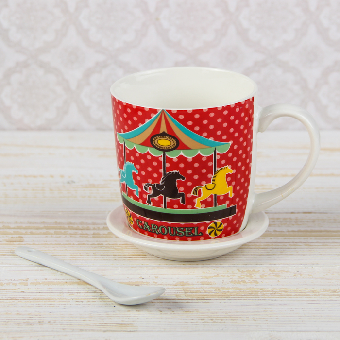 Кружка с подставкой и ложкой "Счастливые моменты", рисунок МИКС