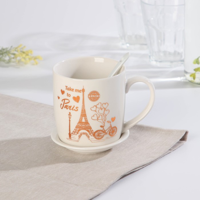 Кружка 320 мл "Париж", с подставкой и ложкой, рисунок МИКС