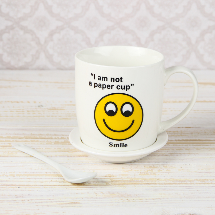 Кружка с подставкой и ложкой "Мордашки", рисунок МИКС