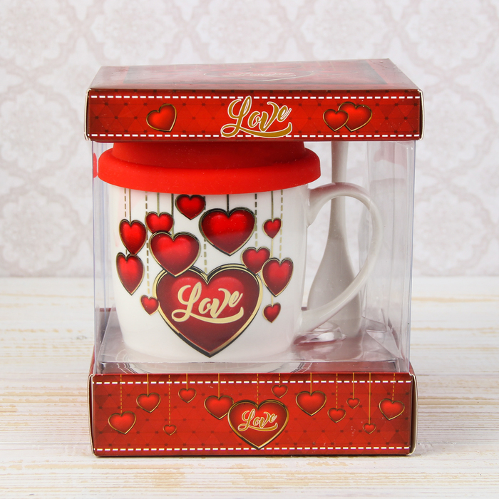 Кружка 300 мл "Сердца", с силиконовой крышкой и ложкой, рисунок МИКС