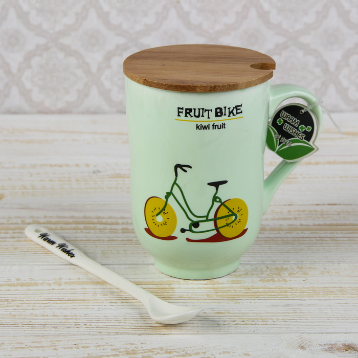 Кружка 420 мл "Фруктовый велосипед", с деревянной крышкой и ложкой, рисунок МИКС
