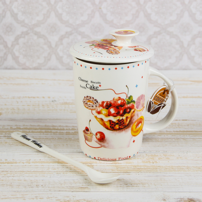 Кружка 420 мл "Свежие фрукты", с керамической крышкой и ложкой, рисунок МИКС