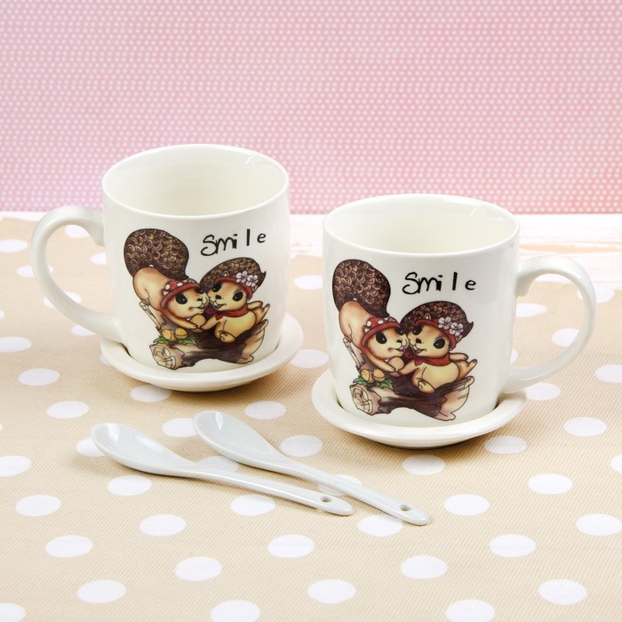 Набор кружек с ложками и подставками "Бурундучки", 2 шт, цвета МИКС 12х9,5х12 см