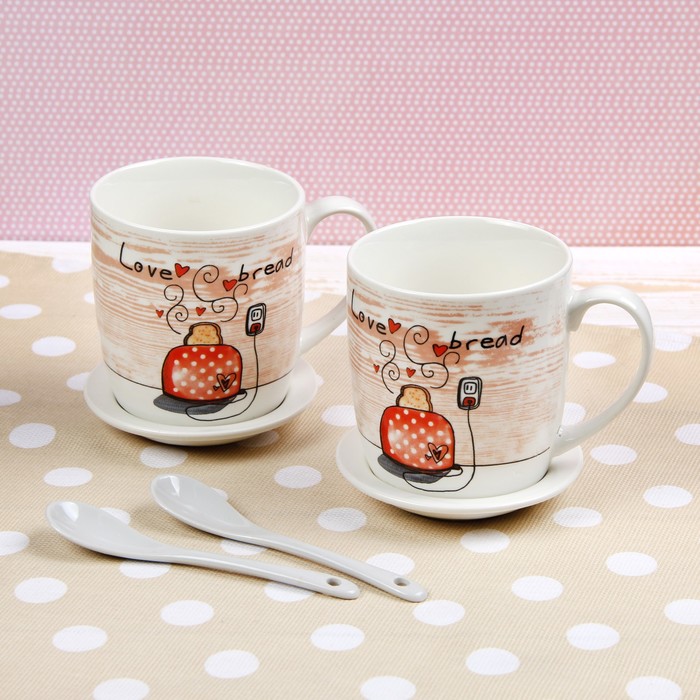 Набор кружек с ложками и подставками "Приятного аппетита", 2 шт, рисунок МИКС