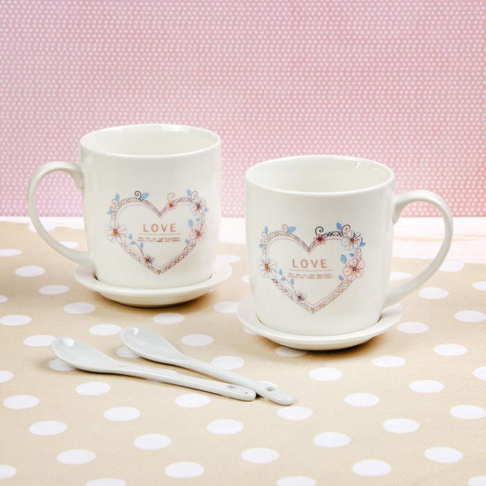 Набор кружек 330 мл "Нежность", 2 шт, с ложками и подставками, рисунок МИКС
