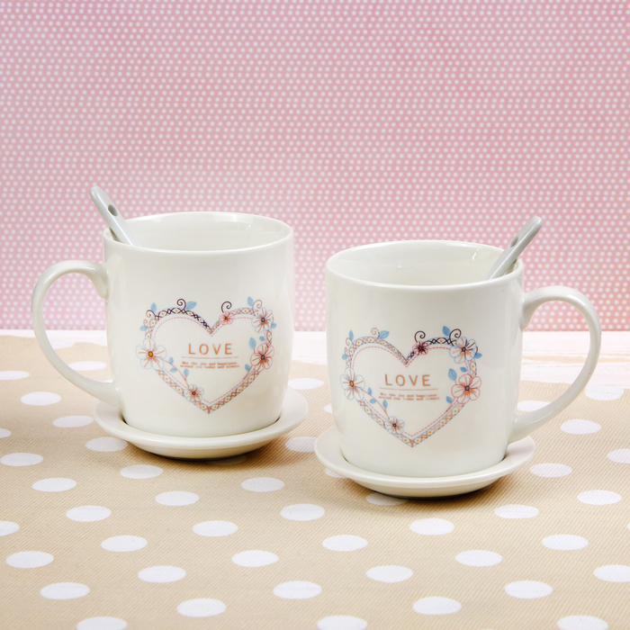 Набор кружек 330 мл "Нежность", 2 шт, с ложками и подставками, рисунок МИКС