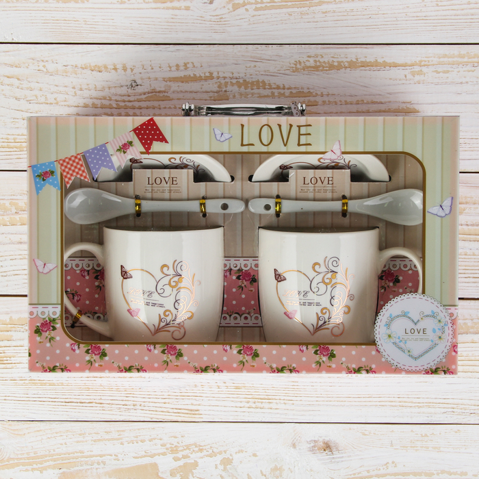 Набор кружек 330 мл "Нежность", 2 шт, с ложками и подставками, рисунок МИКС