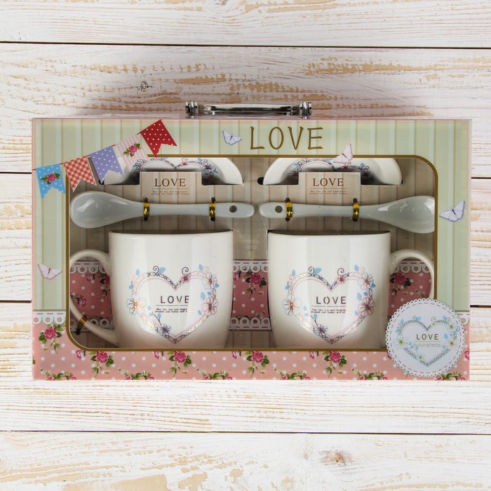 Набор кружек 330 мл "Нежность", 2 шт, с ложками и подставками, рисунок МИКС