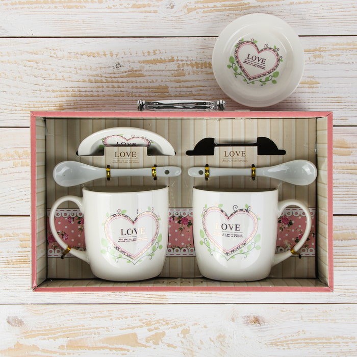 Набор кружек 330 мл "Нежность", 2 шт, с ложками и подставками, рисунок МИКС