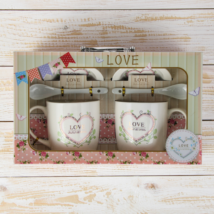 Набор кружек 330 мл "Нежность", 2 шт, с ложками и подставками, рисунок МИКС