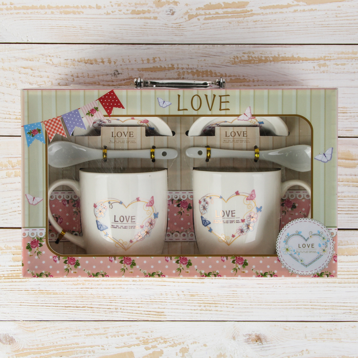 Набор кружек 330 мл "Нежность", 2 шт, с ложками и подставками, рисунок МИКС