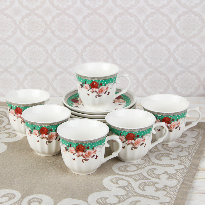 Сервиз чайный "Анфиса", 12 предметов: чашки d=8 см, блюдца d=13 см, цвет зеленый
