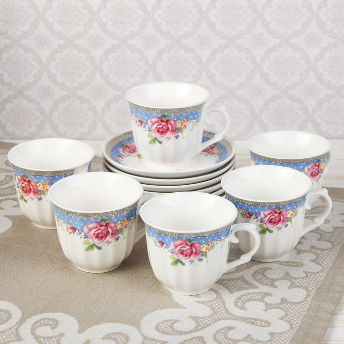 Сервиз чайный "Анфиса", 12 предметов: чашка d=8 см, блюдце d=13 см, цвет синий МИКС