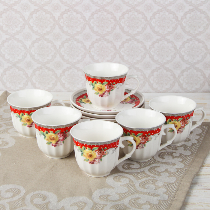 Сервиз чайный "Анфиса", 12 предметов: чашка d=8 см, блюдце d=13 см, цвет красный