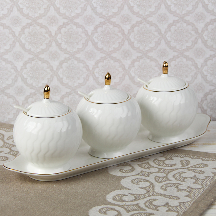 Набор банок для специй 350 мл "Утонченность", 3 шт, с ложками на подставке, баночка 9,5х9,5х12,5 см