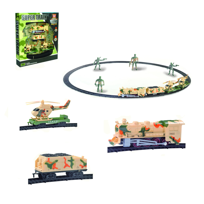 Железная дорога "Военный эшелон", с техникой, световые и звуковые эффекты, работает от батареек