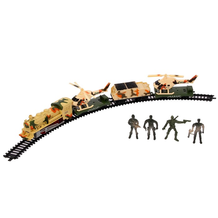 Железная дорога "Военный эшелон", с техникой, световые и звуковые эффекты, работает от батареек