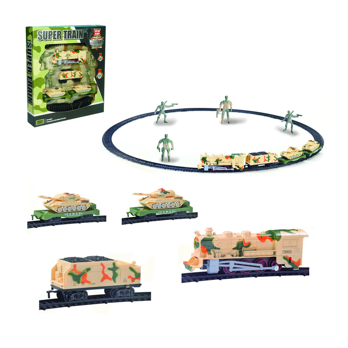 Железная дорога "Военный эшелон", с техникой, световые и звуковые эффекты, работает от батареек