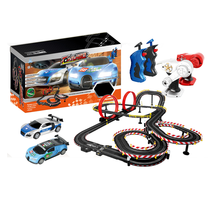 Автотрек "Гонки на суперкарах", с 2 машинами, с пультами управления и ручными генераторами, работает от сети, свет, длина трека 11,8 м.