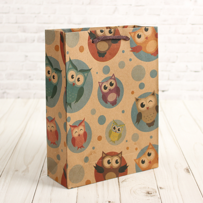 Пакет крафт "Совы", 16 х 6 х 21 см