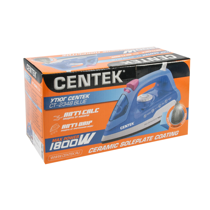 Утюг Centek CT-2348, 1800Вт, керамическая подошва, паровой удар, самоочистка, синий