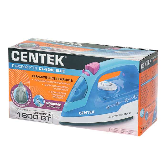 Утюг Centek CT-2348, 1800Вт, керамическая подошва, паровой удар, самоочистка, синий