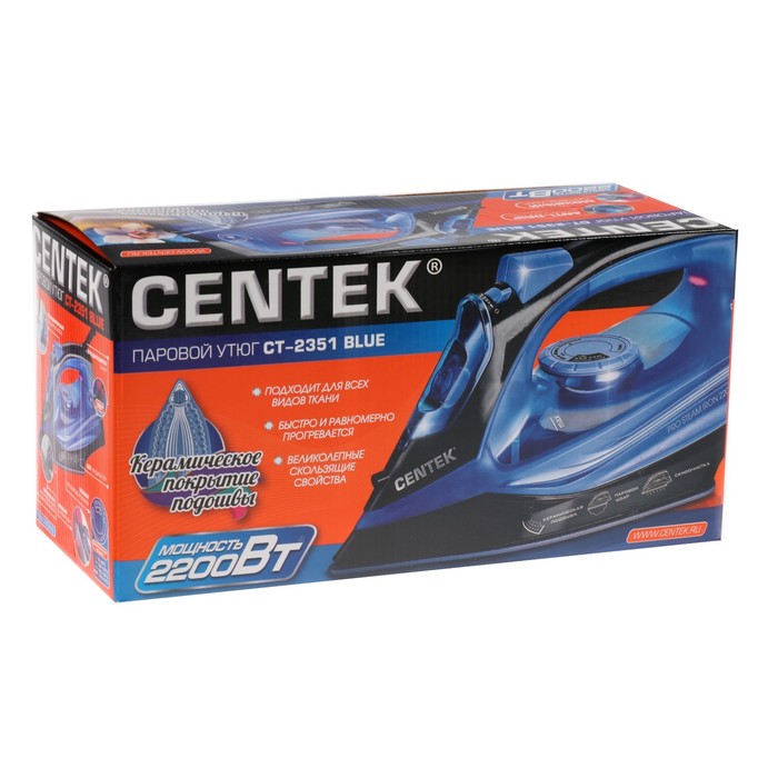 Утюг Centek CT-2351, 2200Вт, керамическая подошва, паровой удар, синий